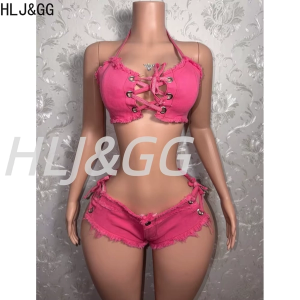 HLJ&GG Sexy Denim Hollow Bandage Two Piece Sets Women Halter Sleeveless Backless Crop Top And Shorts Outfits Fashion Club Wear - AliExpress 200000345