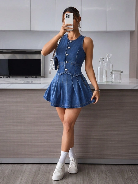 SHEIN PETITE Vestido vaquero de mujer con botones delanteros y bajo plisado, sin mangas, de moda