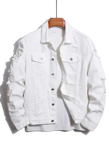 Men's denim jacket for spring and autumn. White denim ripped jacket. Street trend fashion. Daily casual. - AliExpress 200000343