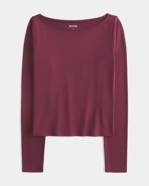 Long-Sleeve Seamless Fabric Slash-Neck Top