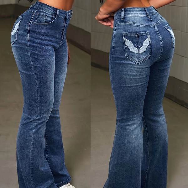 Women's High-Waisted Stretch Jeans with White Horse & Wing Back Pocket Embellishment - Slim-Fit Flared Bell-Bottom Denim Pants, All-Season Long Length, Button Fly Closure (No Belt Loops) for Casual & Western Wear (Hand Washable)