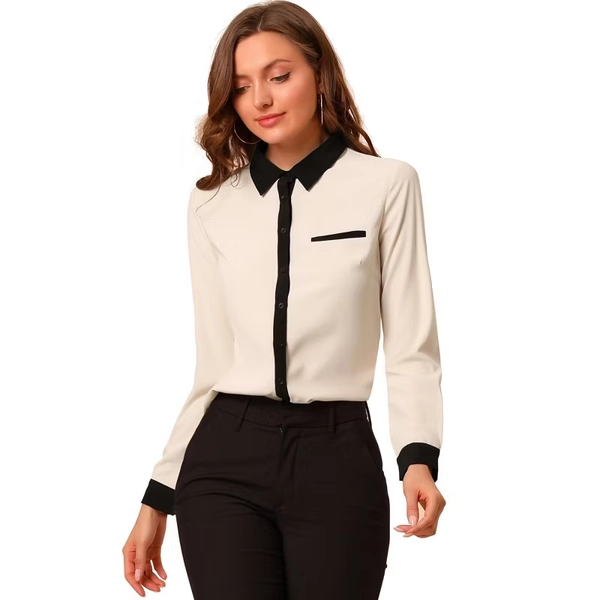 INSPIRE CHIC Women's Contrast Collar Chiffon Long Sleeves Work Office Blouses X-Large Beige : Target