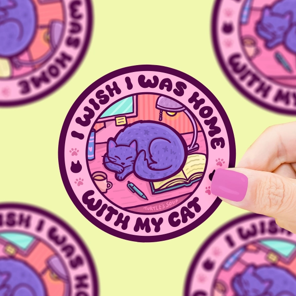 Wish I Was Home With My Cat Sticker: Funny Introvert Waterproof Vinyl