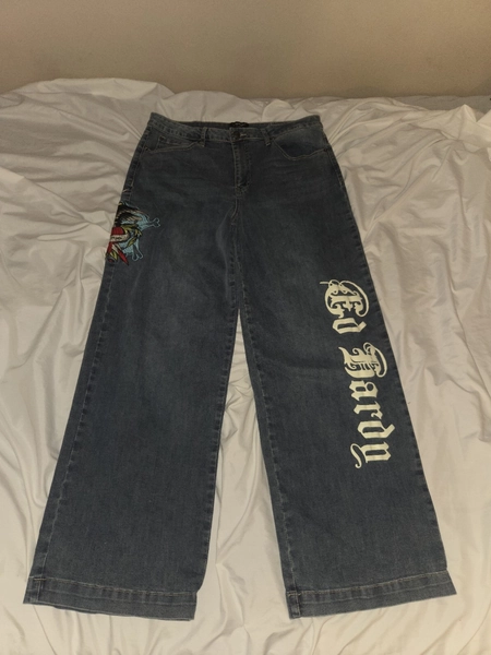Ed Hardy Jeans Women's Embroidered Baggy Wide Leg 34x32 Y2K Blue
