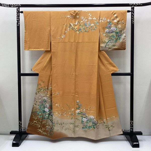 K814 Vintage Silk Wedding Kimono (homongi) : Orange Brown Gradation Gold / Graceful Seasonal Flowers Bird Bamboo Fence - Etsy