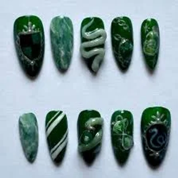 custom press on nails, green white and silver Hogwarts Slytherin Inspired 3D Press On Nails