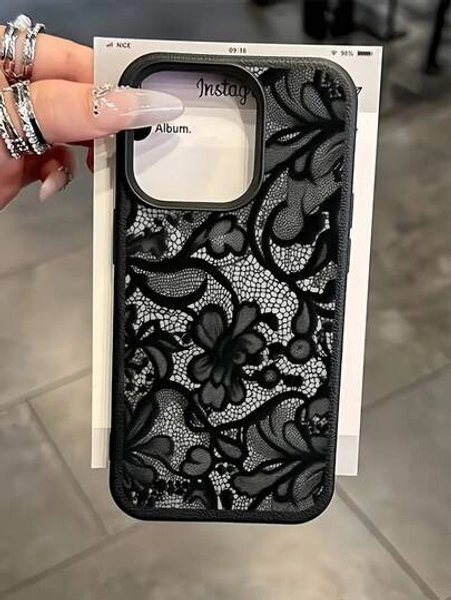 1pc Lace Flower Painted Matte Litchi Texture Full Coverage TPU Shockproof Fashionable Phone Protective Case Compatible With Apple 11 12 13 14 15 16 17 Pro Max