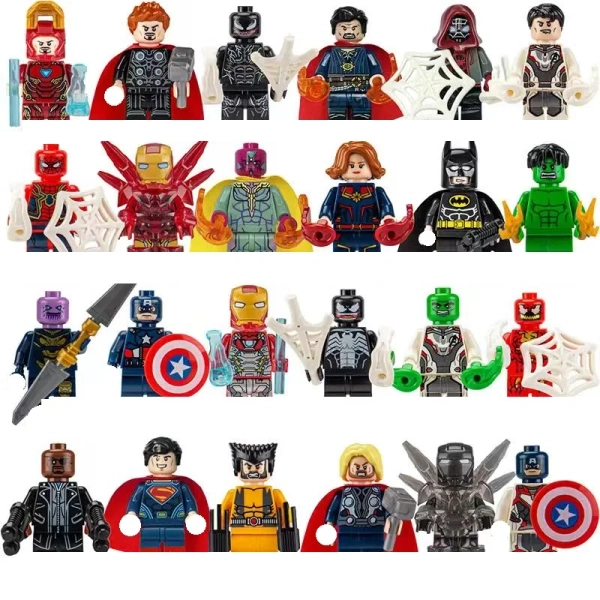 24 piece set of Marvel superhero Spider Man, Iron Man, Thanos mini building blocks, anime characters, children's toy gifts