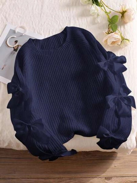 CosyJoli Plus Size Loose Knit Sweater With Hollow Bowknot Decor, Cute Fairy Style, Slightly Sheer,Apricot Color, Fall Autumn