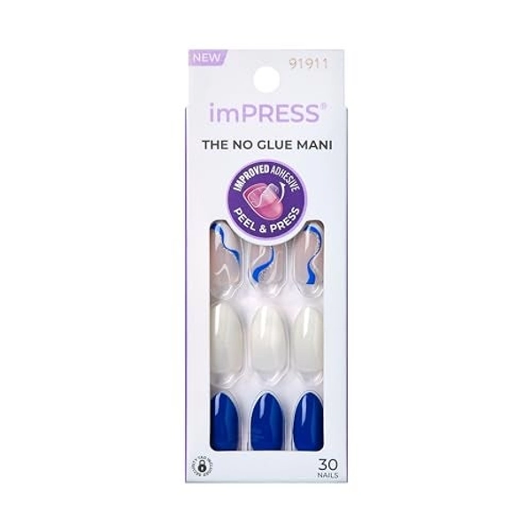 KISS imPRESS No Glue Mani Press On Nails, Design, 'Free Soul', White, Medium Size, Almond Shape, Includes 30 Nails, Prep Pad, Instructions Sheet, 1 Manicure Stick, 1 Mini File