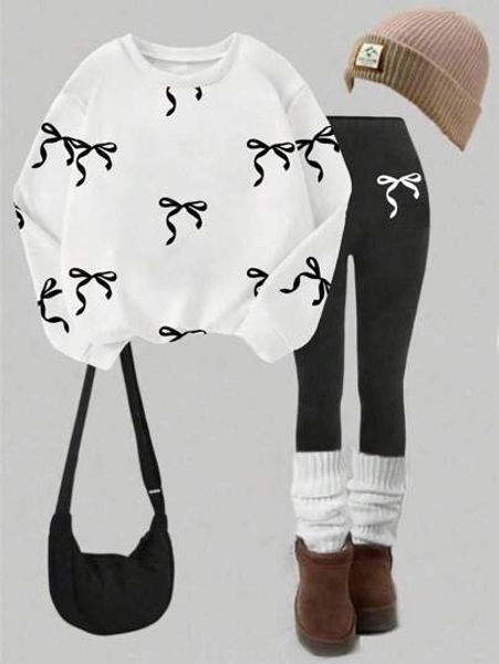 SHEIN 1 Set Girls Back To School Fashion Dotted Bow Print Crew Neck Sweatshirt And Black Leggings Outfit, Fall Clothes Winter