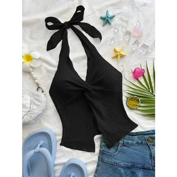 2025 New Women Summer Y2K Sexy V-neck Halter Neck Crop Top Sleeveless Solid Split Backless Y2K Tops Women's Clothing Streetwear - AliExpress 200000345