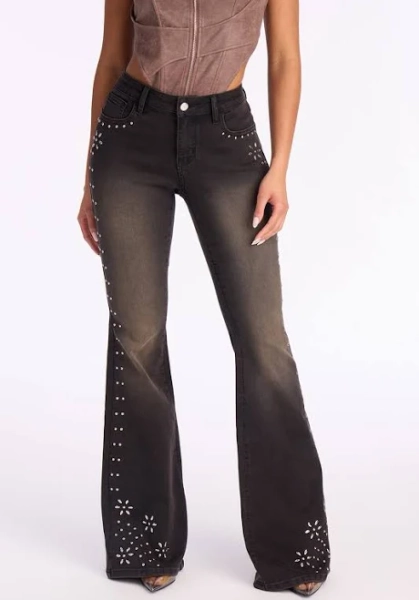Fashion Nova Women's Rockstar Status Studded Flare Jeans