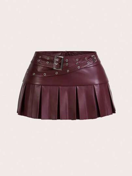 SHEIN ICON Waist Belt With Eyelet Metal Decor Buckle, PU Leather Pleated Mid-Skirt