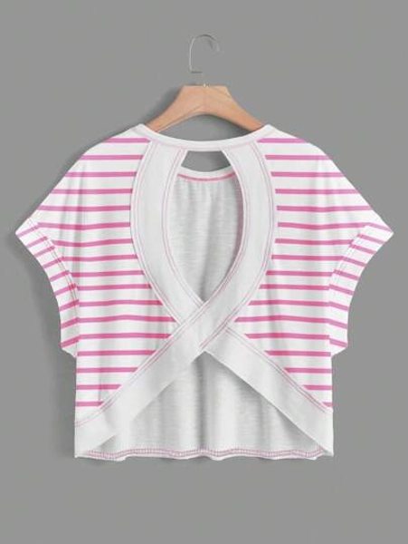 SHEIN Essnce Women's Casual Pink & White Contrast Color Round Neck Backless Asymmetrical Hem Loose Sleeveless T-Shirt, Suitable For Summer