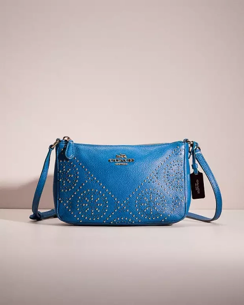 Light Gold/Denim Restored Zip Top Crossbody With Studs