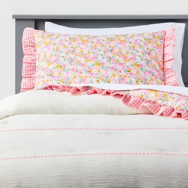 Full/Queen Reversible Crinkle Bow Gingham Floral Kids' Comforter Set White - Pillowfort™