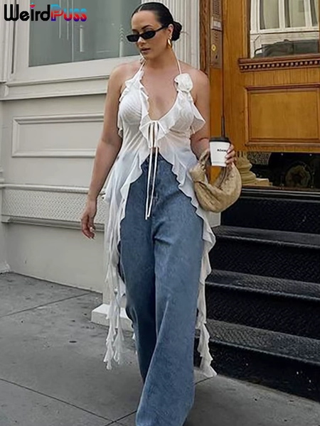 Weird Puss Ruffles Flowers Tank Tops Women Mesh Summer Sexy Deep V-Neck Irregular Tassel Halter Backless Camisole Wild Street - AliExpress 200000345