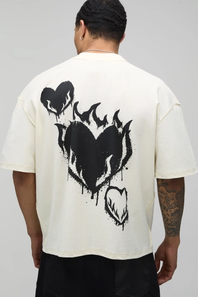 Ecru Oversized Boxy Exposed Seam Heart Graffiti Print T-Shirt