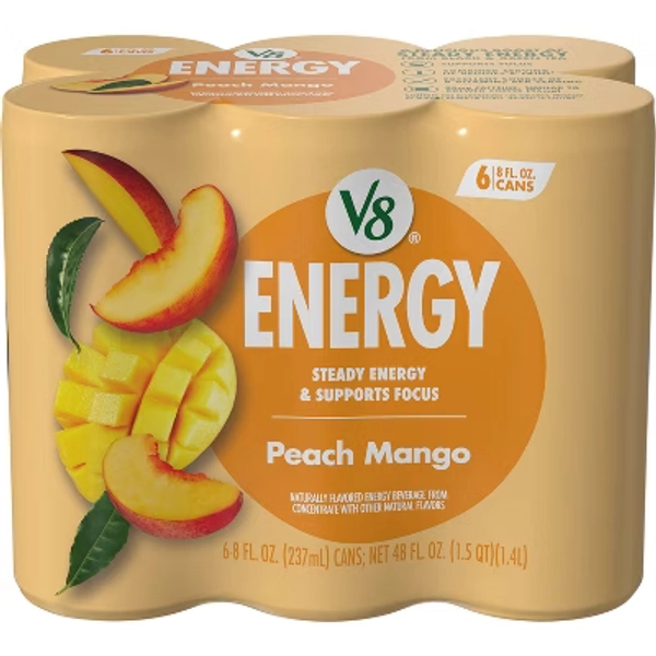 V8 +ENERGY Peach Mango Energy Drink - 6pk/8 fl oz Cans