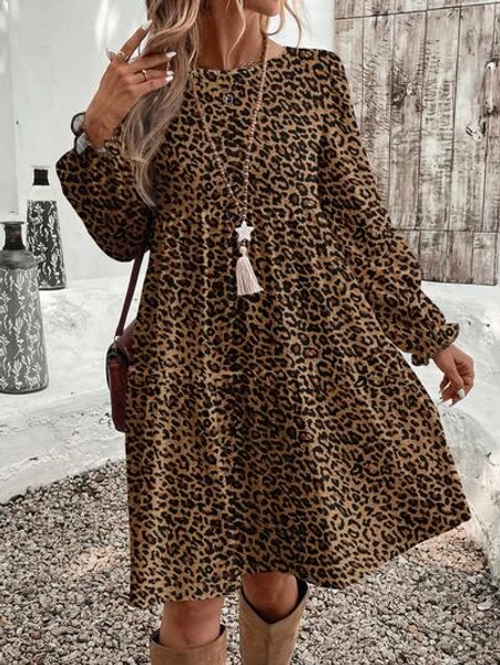 EMERY ROSE Casual Minimalist Versatile Vintage Leopard Print Loose Fit Crew Neck Plus Size Dress, Suitable For Autumn/Winter, Everyday & Commute Wear