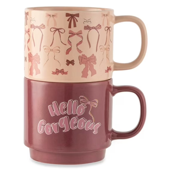 Thyme & Table 14.2 fl oz Hello Gorgeous and Pink Bows Stoneware Stacking Mugs, Set of 2