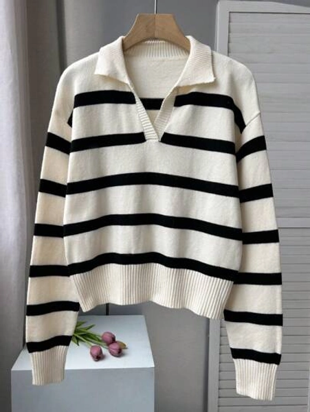 FOR BEAUTY Spring And Autumn New POLO Collar Half Open Retro Stripe Color Blocked Long Sleeved Knitted Sweater Women's Fashion Loose Old Money Style Graduation Sweater For Women