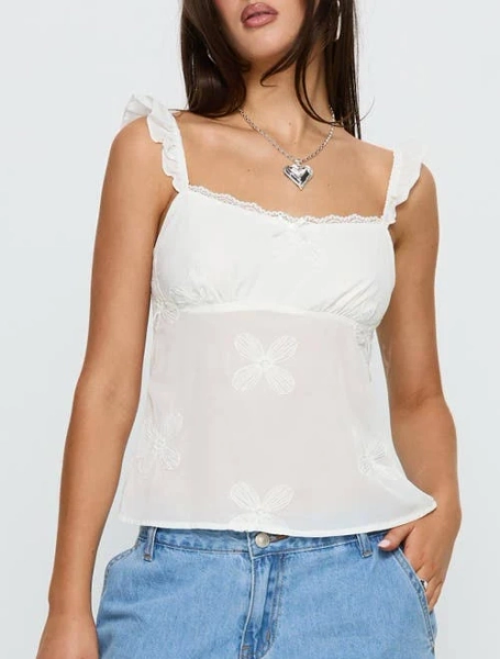 Princess Polly Women's Madaleine Floral Embroidered Ruffle Strap Top