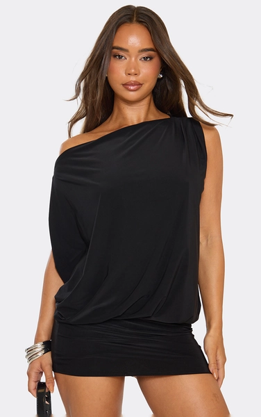 Off The Shoulder Draped Asymmetric Mini Dress In Black Slinky 