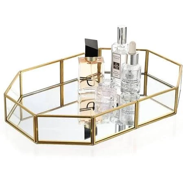 Gold Perfume Tray - Glass Mirror Makeup Tray Ornate Vanity Tray Dresser Tray Jewelry Trinket Organizer Tray for Bathroom Storage Tray for Home Decor,