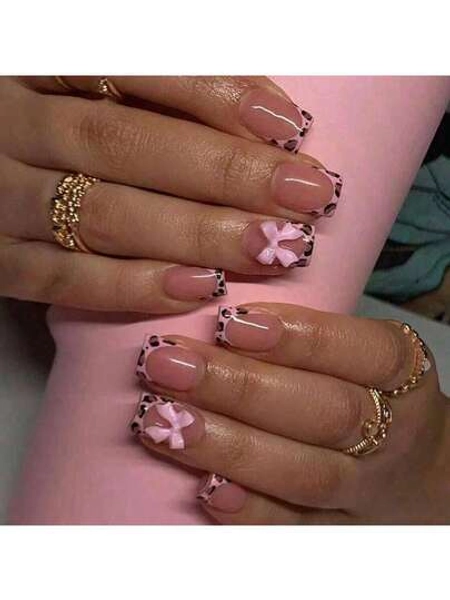 Short Press Leopard French Tip False Nails With Pink Glossy Bow Design Glue On Nails Full Cover Stick On Nails 24Pcs
