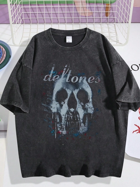 EWH Vintage Washed Rock Tee |  Band Skull Print, Alternative Metal Fans Short - Sleeve,Cheap Clothes,Shirts Graphic,T Shirt Men DG004