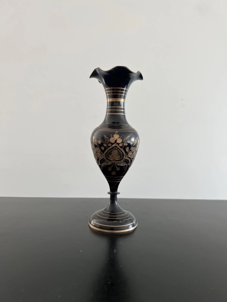 Vintage Indian Black Brass Vase,Engraved Metal Vase