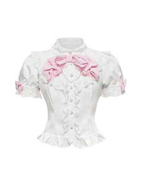 ROMWE J-Fashion Spring/Summer Valentine's Day Lolita Summer Babydoll Kawaii Sweet 3D Bow Decor Puff Sleeve Women Blouse - Size XS