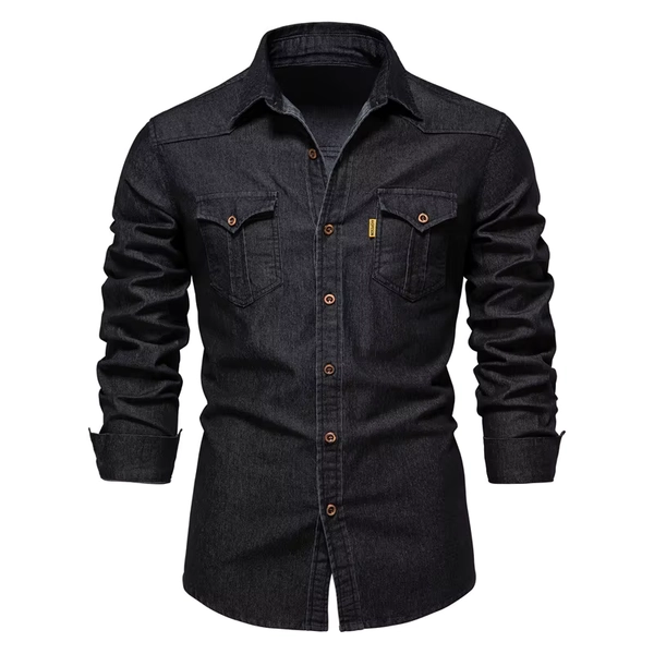 Elastic Cotton Denim Shirt High Quality Men Long Sleeve Solid Color Pocket Shirts for Men Casual Slim Fit Mens Designer Clothing - AliExpress 200000343