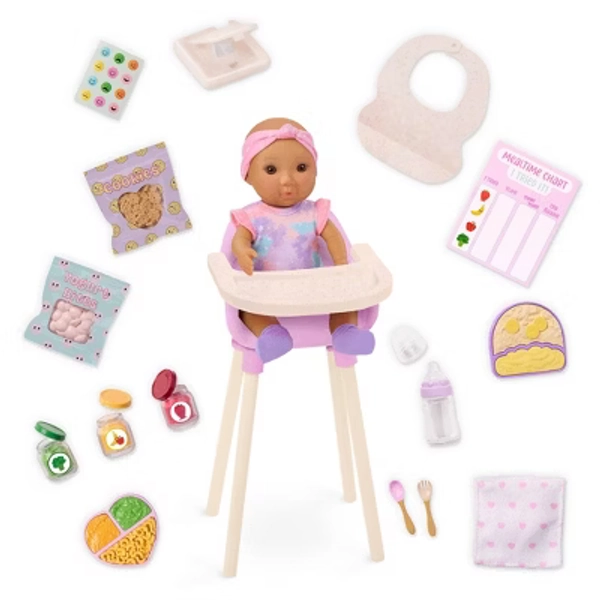 Our Generation Baby Doll Emilia & Mealtime Set with High Chair, Play Food & Accessories: Fits 8" Doll, 25 Pieces