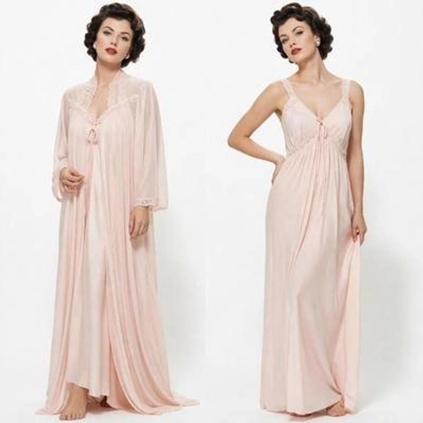 Vintage 1950s Pastel Peach Lace Peignoir Set Sheer Robe & Maxi Nightgown Set