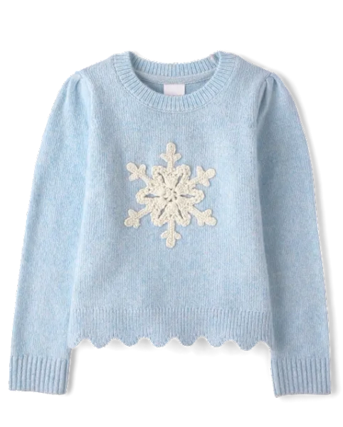 Girls Crochet Snowflake Scalloped Sweater - First Frost - Blue