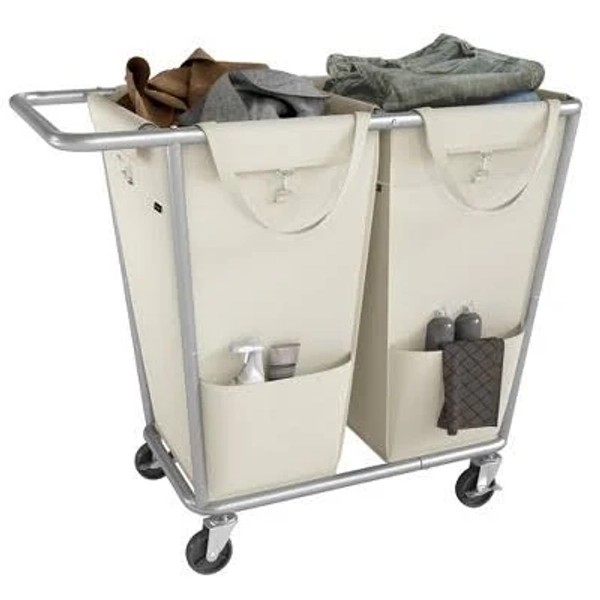 2-Section Laundry Basket with Wheels, Removable Bags, Steel Frame, 50.2 Gallons, White