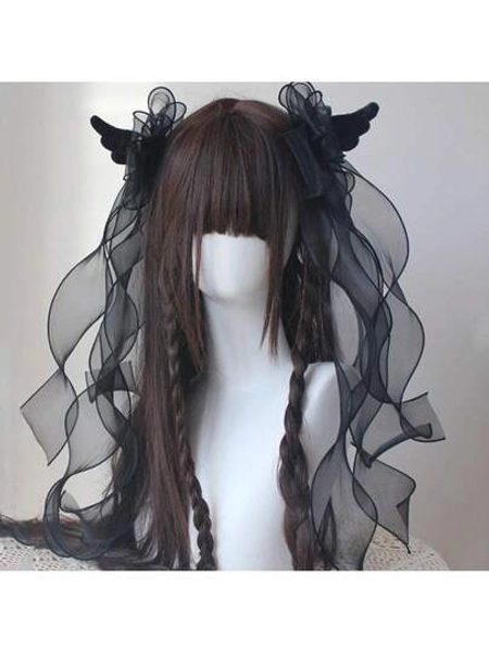 2 Angel Wing Lace Hair Clips With Large Bow, Y2K Lolita Style Black Double Ponytail Accessories, Suitable For Gothic Lolita Fashion
