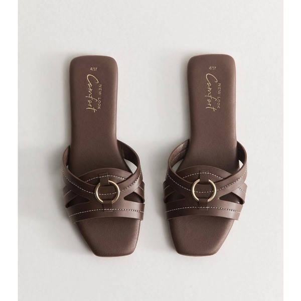 Brown Faux Leather Contrast Stitch Hardware Detail Flat Sandals | New Look