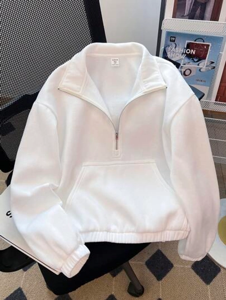 SHEIN Teen Girl's Outfits White Drop Shoulder Zip Half Placket Crop Sweatshirt,In Fall/Winter