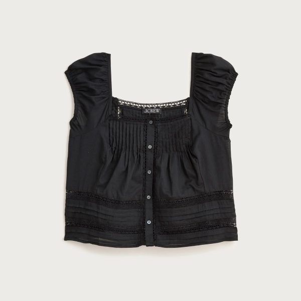 Cap-sleeve lace-trim top in cotton voile