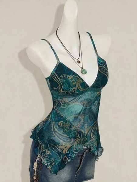 SHEIN ICON Women's Vacation Cashew Floral Print Ruffled Strap Camisole 4th Of July Women Outfits Cute Summer Tops Going Out Tops