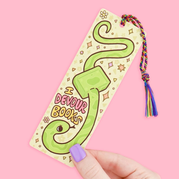 I Devour Books, Bookish, Fast Reader, Snake, Funny, Reptile, Book Lover, Cute Animals, Reader Gift, Puns, Silly, Bookmark With Tassel