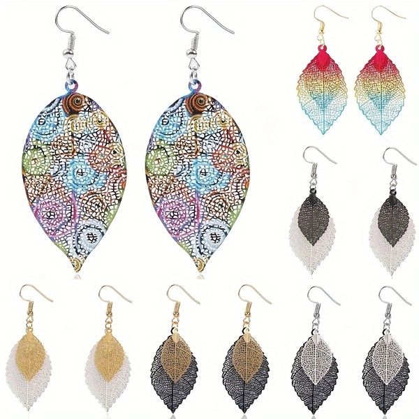 6 Pairs Of Retro Earrings Leaf Earrings Golden Simple Double Hollow Leaf Earrings Bohemian Retro Minimalist Low Allergy Hollow Lightweight Earrings
