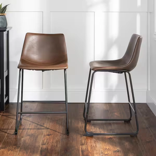 Walker Edison Furniture Company Wasatch 24 in. Brown Low Back Metal Frame Counter Height Bar Stool with Faux Leather Seat (Set of 2) HDHL26BR
