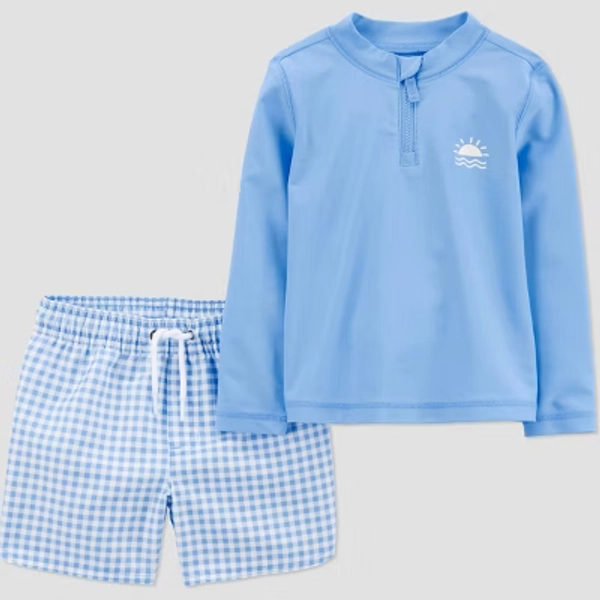 Carter's Just One You® Toddler Boys' Long Sleeve Gingham 2PC Rash Guard & Swim Trunk Set - Blue 2T