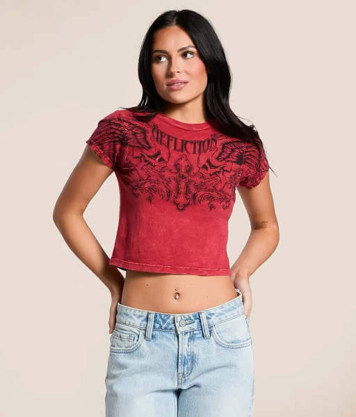 Medium Affliction Red Lava Wash Winged Up Cropped T-Shirt