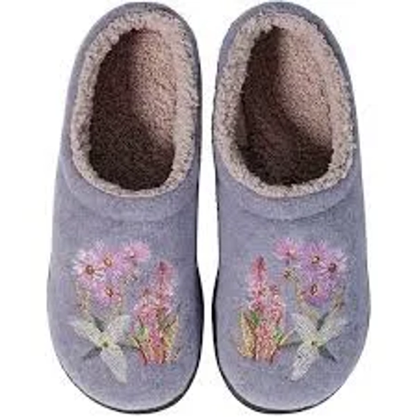 L.L.Bean Daybreak Scuff Multi Floral Motif Slippers, Size 8 - Gray Lavender & Jess Franks Wildflowers